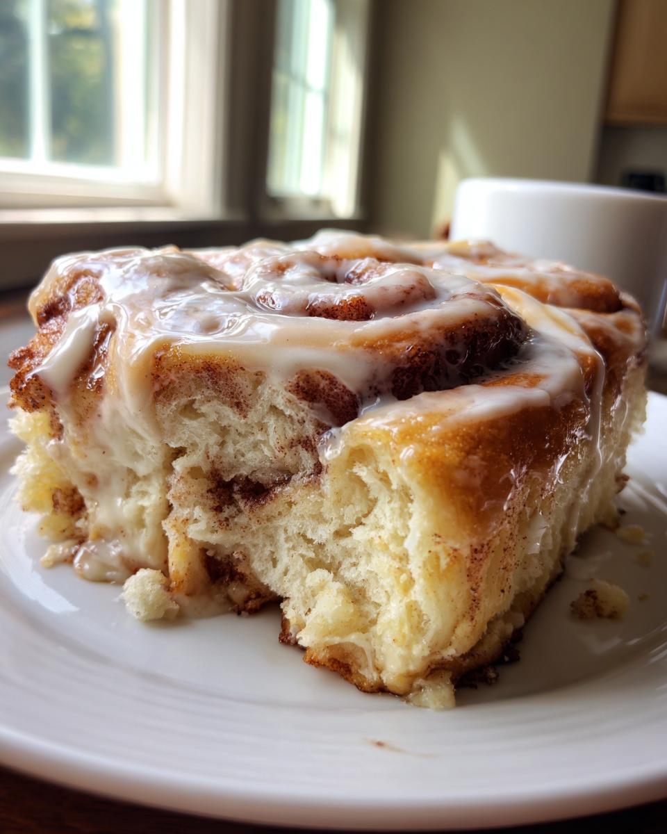 Close-up of a fluffy, iced cinnamon roll, showcasing the soft interior from tiktok cinnamon rolls cooking with karli.
