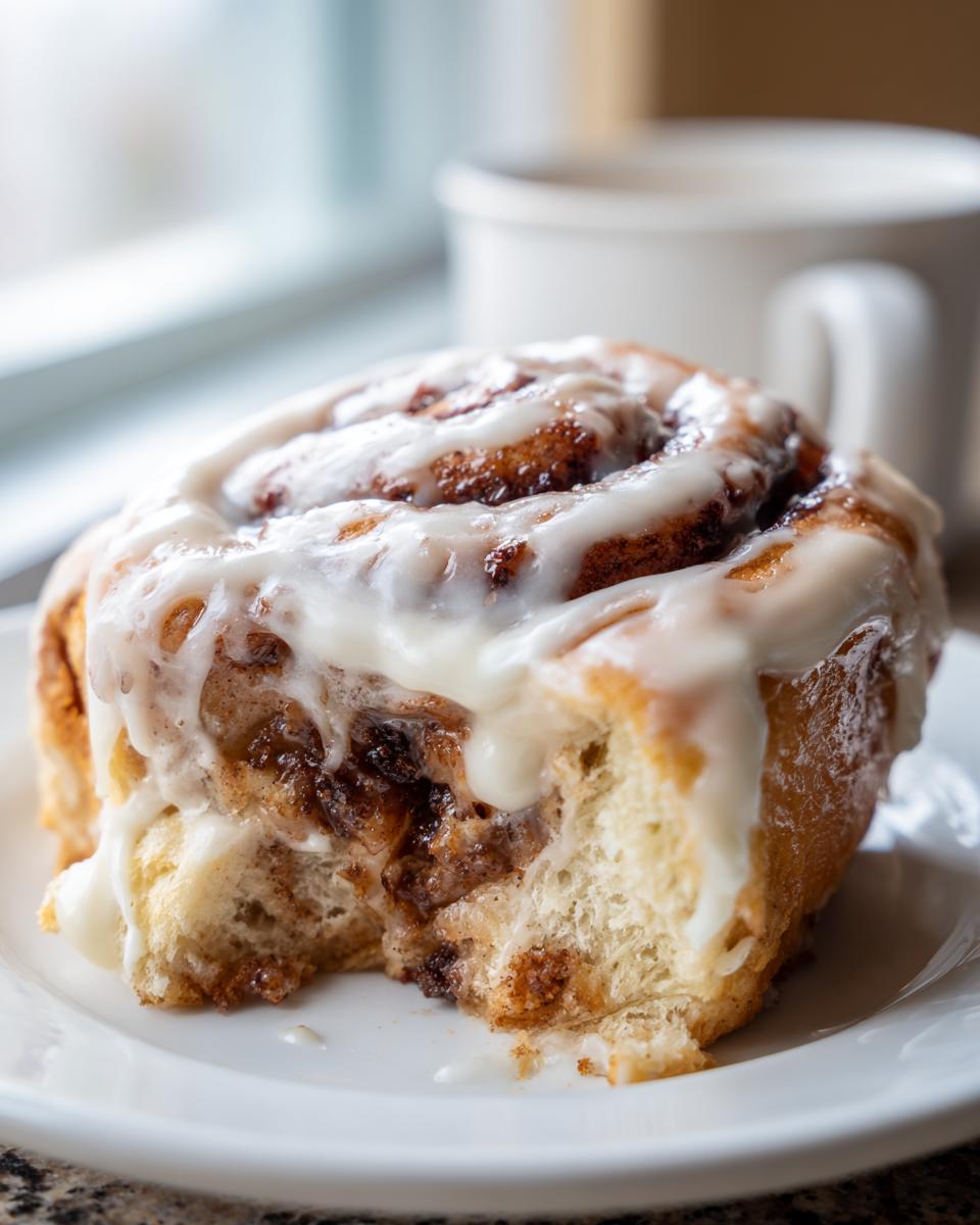 Close-up of a fluffy cinnamon roll with thick white icing, showing a bite taken out, part of the tiktok cinnamon rolls cooking with karli recipe.