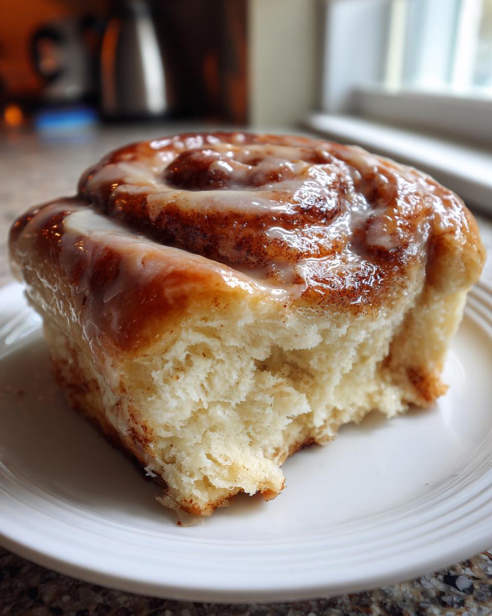 Close-up of a fluffy, freshly baked tiktok cinnamon rolls with a thick, shiny vanilla glaze.