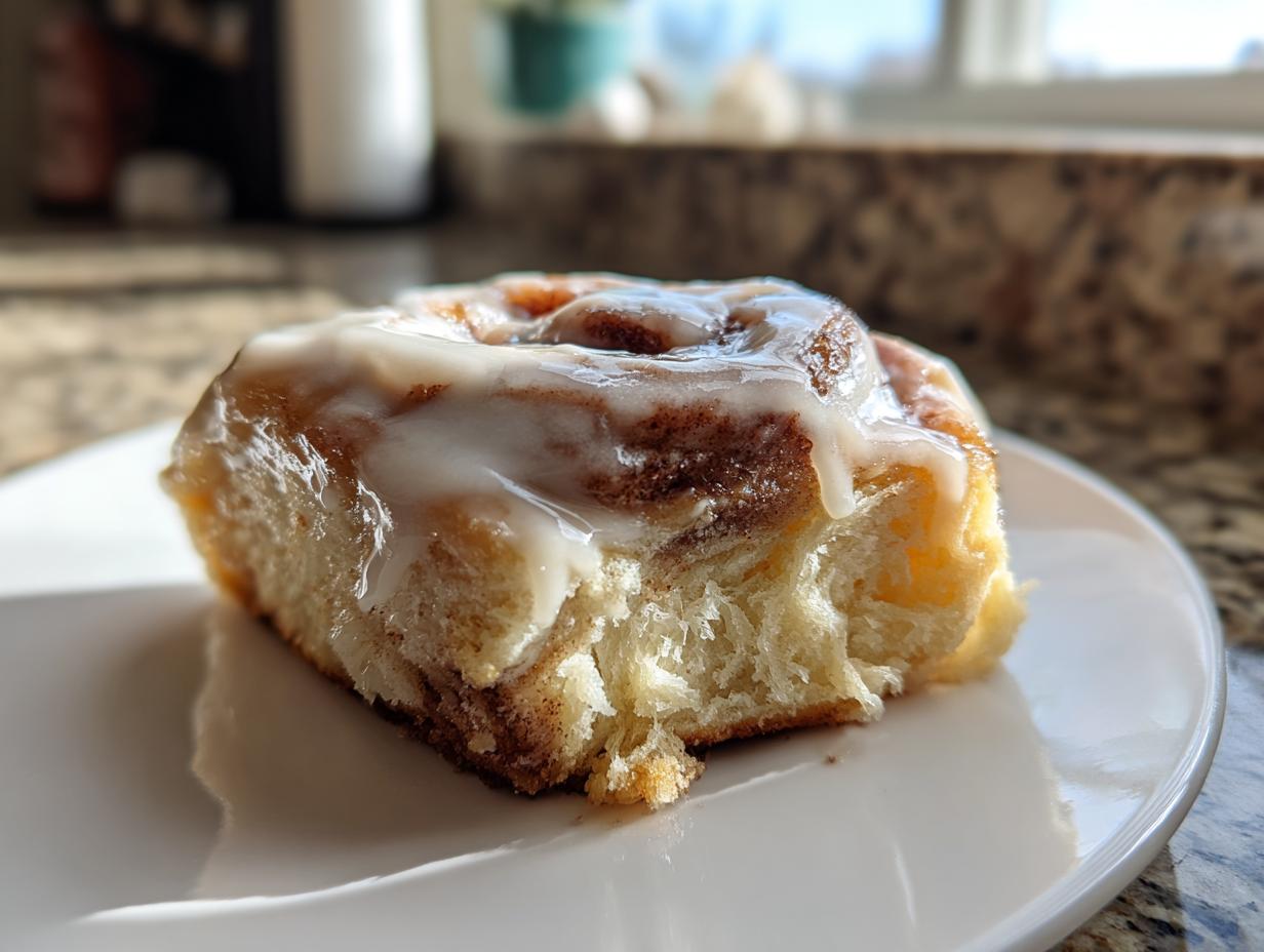 Close-up of a single, fluffy tiktok cinnamon rolls slice covered in glossy white icing on a white plate.