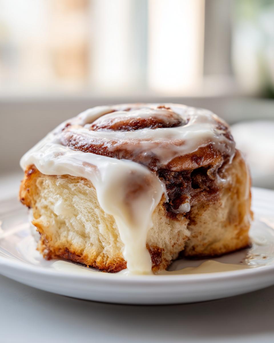 Close-up of a fluffy cinnamon roll topped with thick white icing dripping down the side, from tiktok cinnamon rolls cooking with karli.