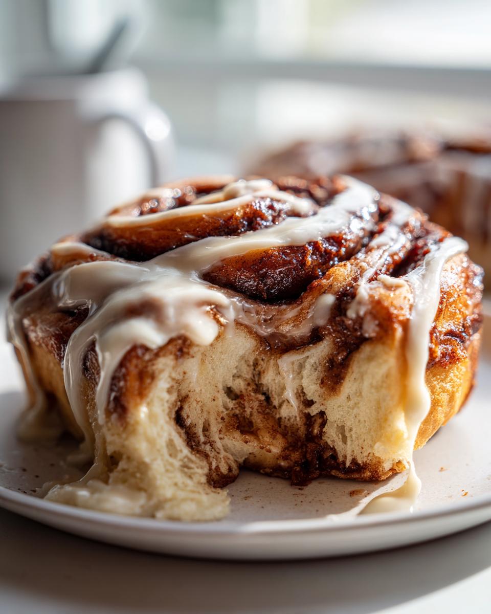 Close-up of a fluffy tiktok cinnamon rolls cooking with karli, dripping with white icing.