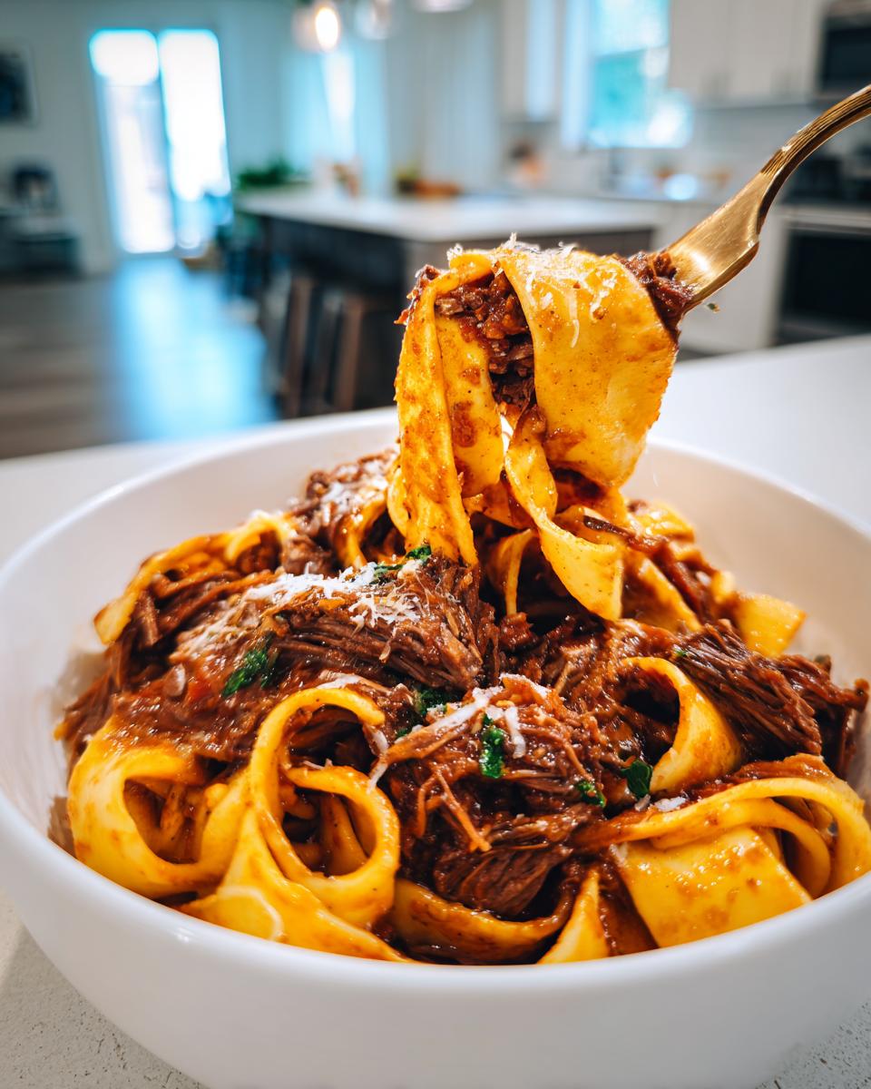Close-up of a fork lifting wide noodles coated in rich braised short rib pasta sauce from a white bowl.