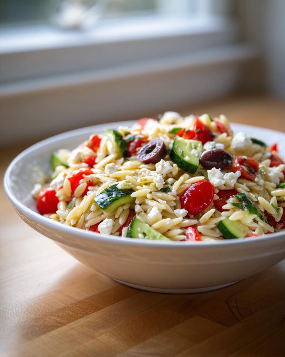 A white bowl filled with a vibrant orzo pasta salad recipe featuring cucumbers, tomatoes, feta, and olives.