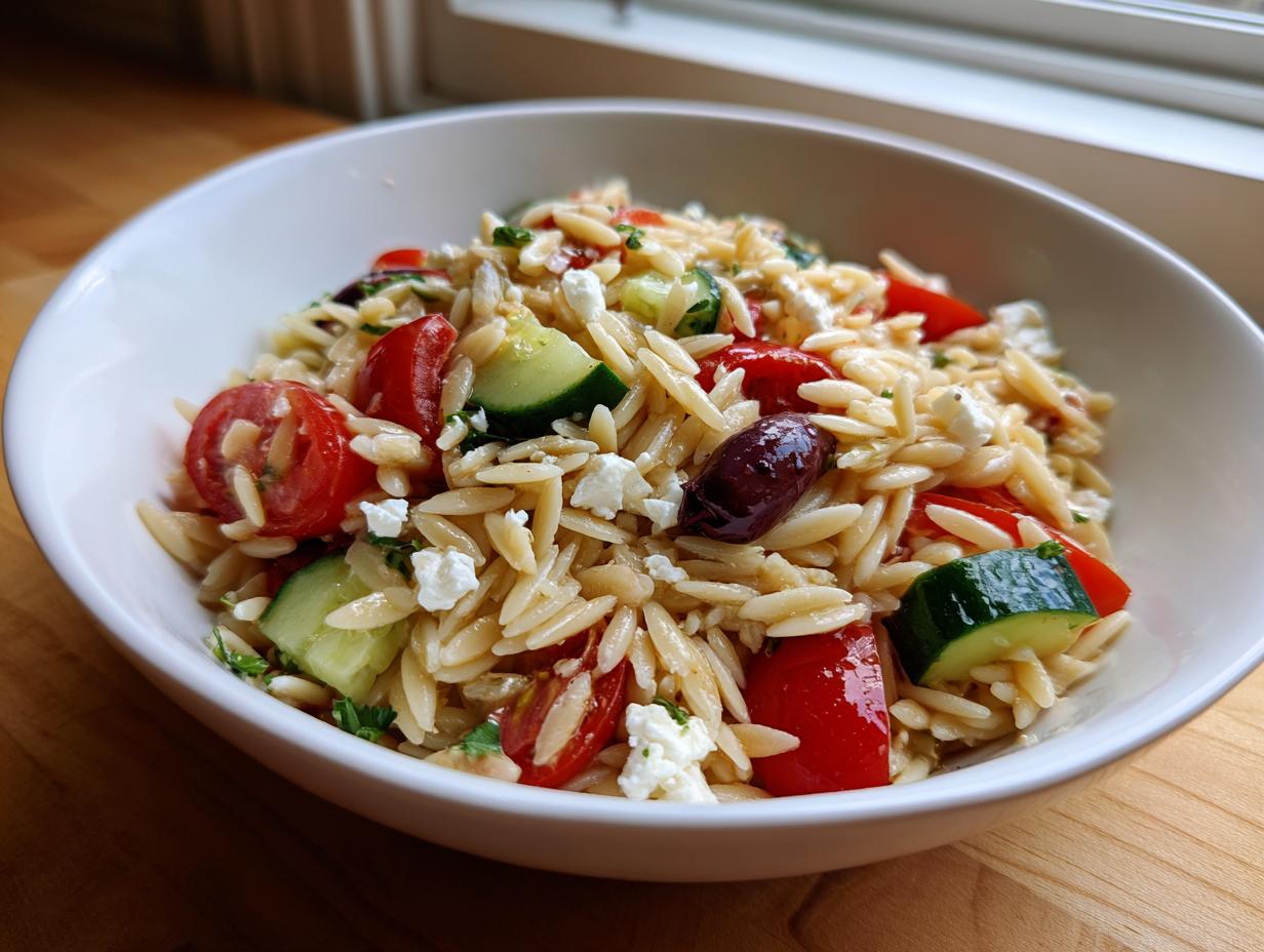 Close-up of a vibrant orzo pasta salad recipe featuring feta, cucumbers, tomatoes, and Kalamata olives in a white bowl.