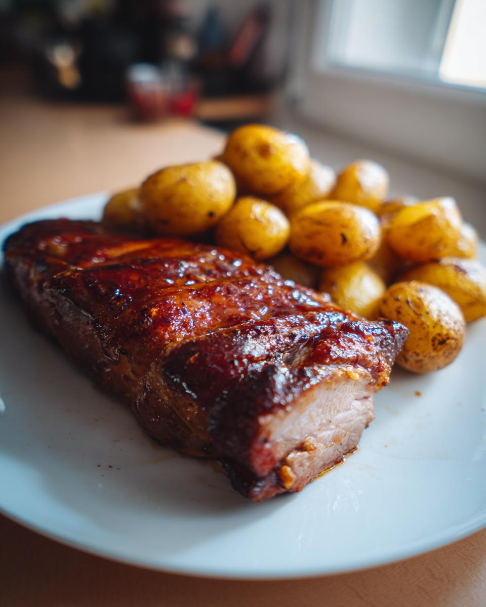 A close-up of a glazed, juicy baked pork chop served with roasted small potatoes, ready to eat.