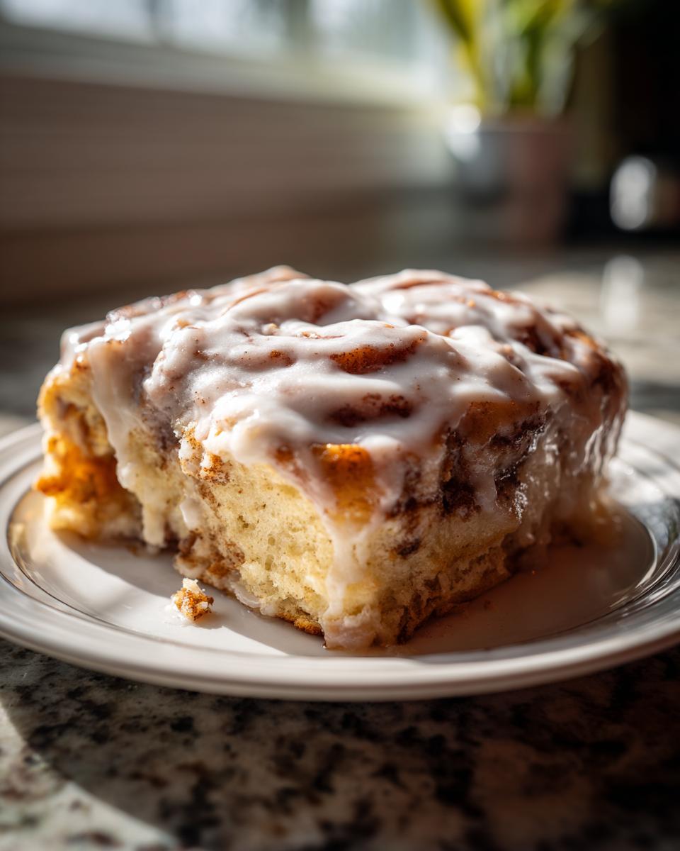 A close-up, warmly lit photo of a single, square portion of soft tiktok cinnamon rolls covered in thick white icing.