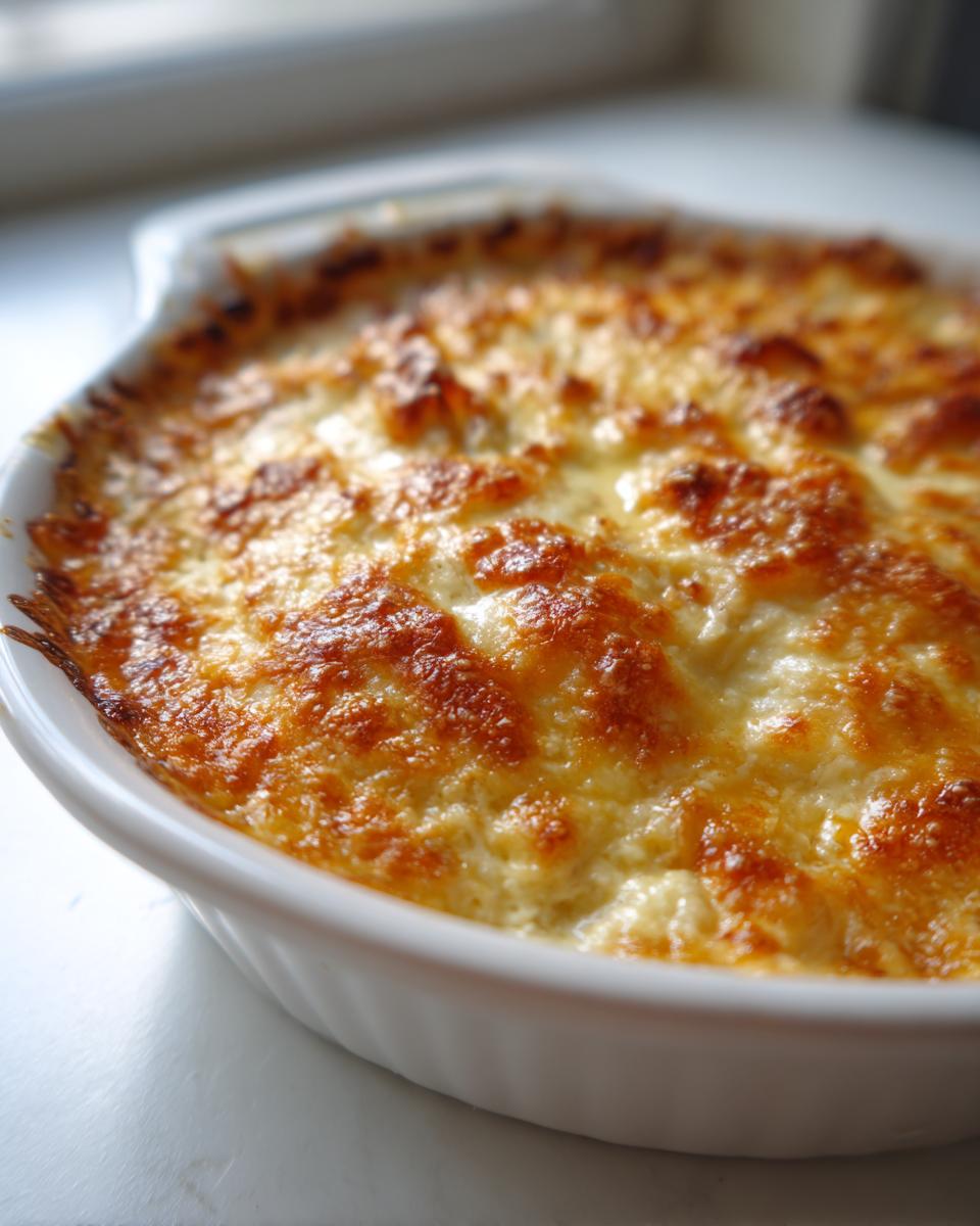 Close-up of a white baking dish filled with hot baked crab dip, featuring a bubbly, golden-brown cheese crust.