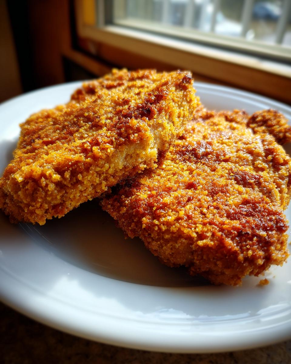 Two perfectly cooked, golden brown shake and bake pork chops resting on a white plate.