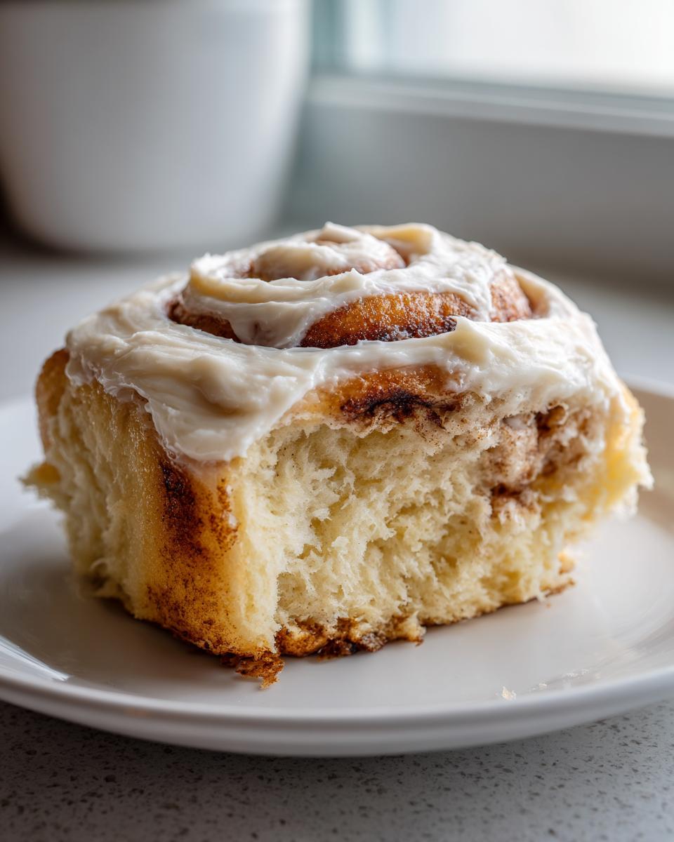 Close-up of a gooey cinnamon roll recipe serving, showing the fluffy interior and thick cream cheese frosting.