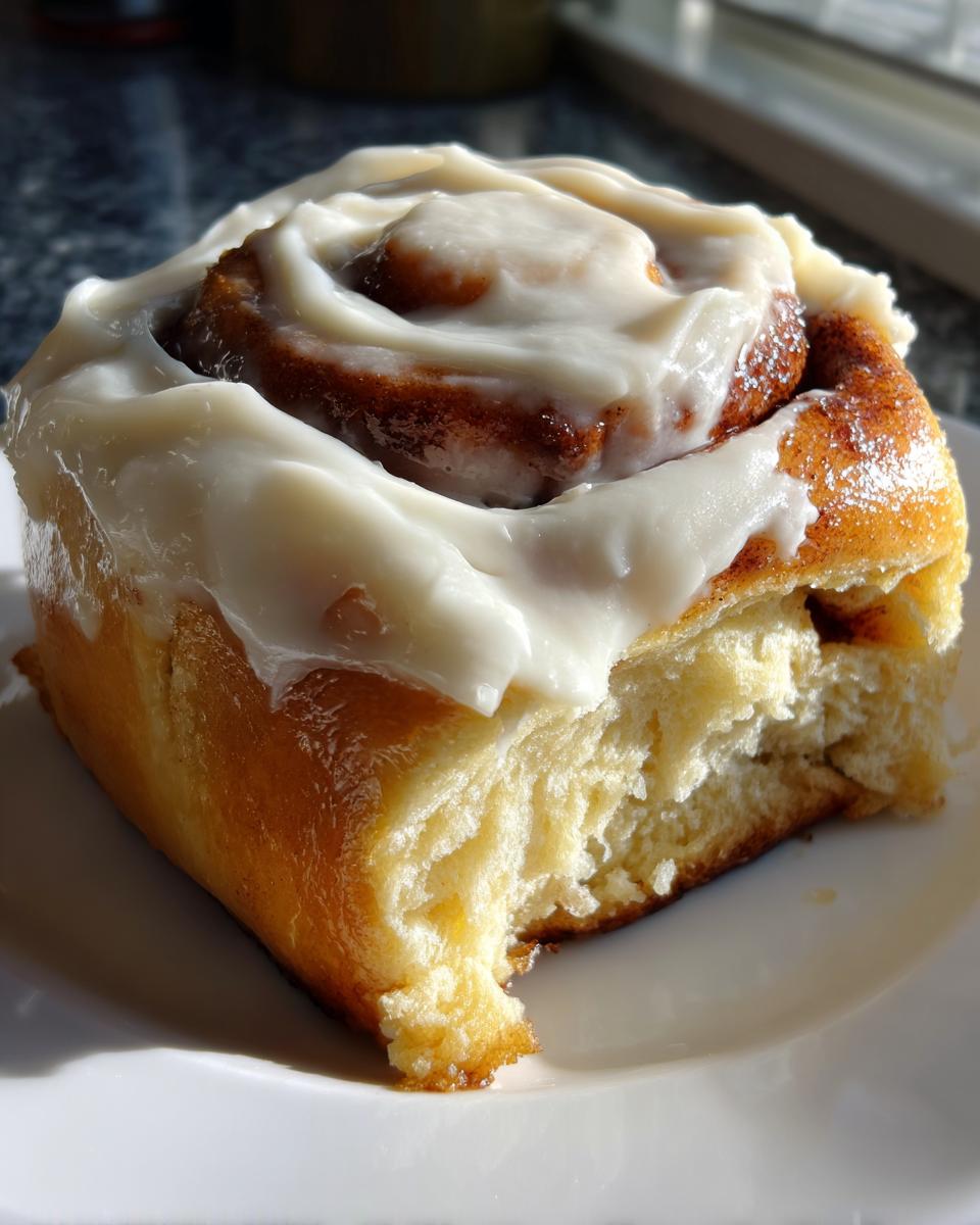 Close-up of a soft, gooey cinnamon roll recipe serving, generously topped with white cream cheese frosting.