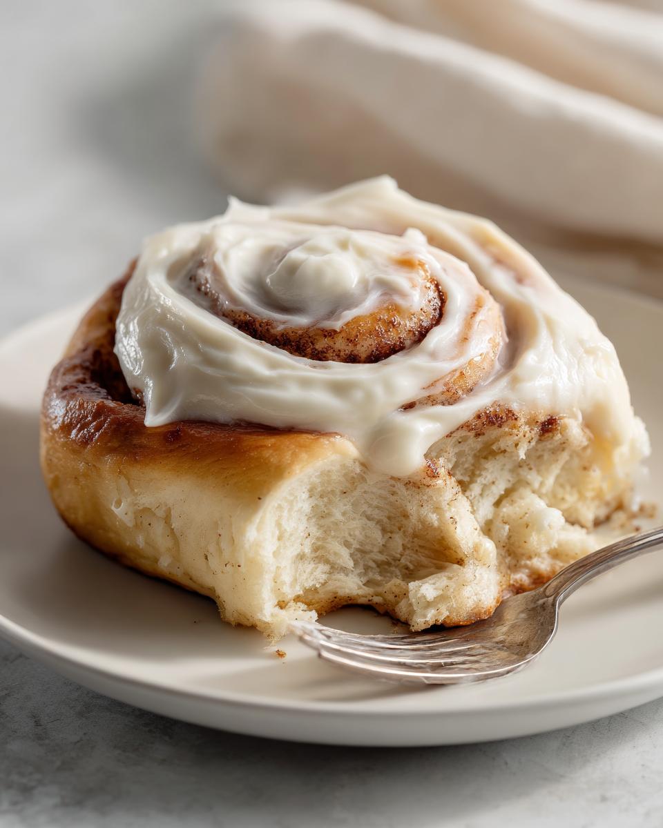 Close-up of a gooey cinnamon roll recipe serving, topped with thick cream cheese frosting, with a bite taken out.