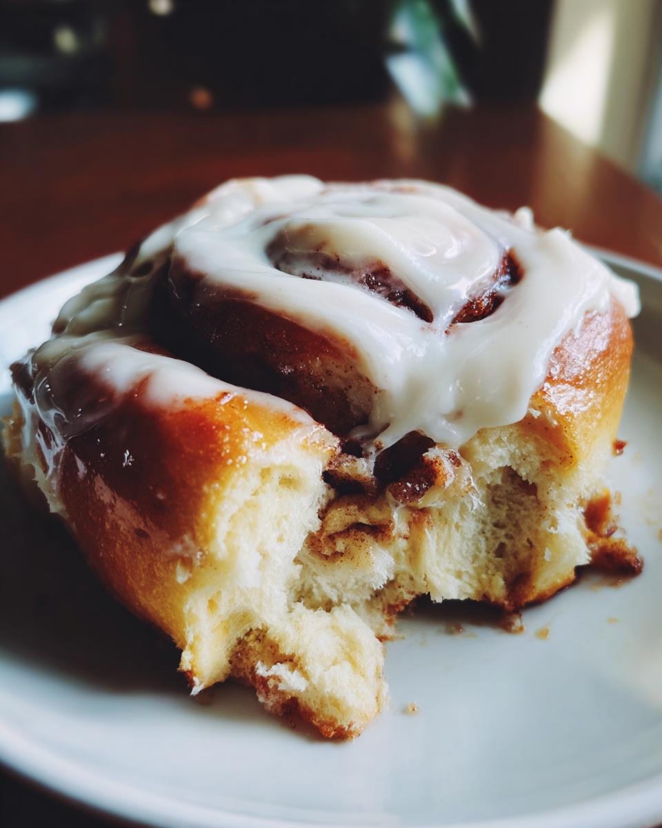 Close-up of a soft, gooey cinnamon roll recipe bite taken out, showing the fluffy interior and thick white icing.