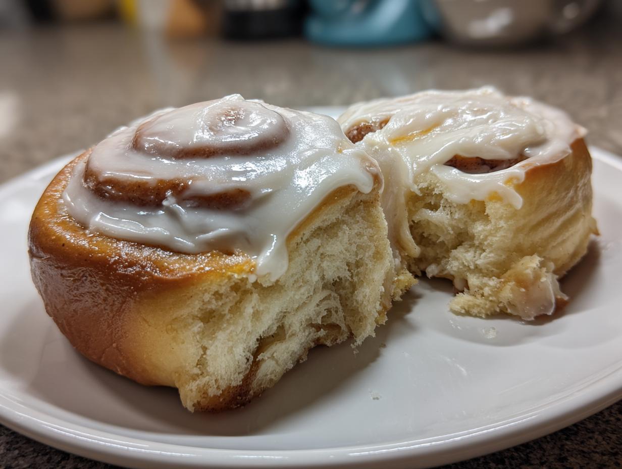 Two soft, gooey cinnamon rolls topped with thick white icing, one broken open to show the fluffy interior.
