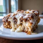 Close-up of a gooey slice of tiktok cinnamon roll casserole dripping with melted white icing on a white plate.