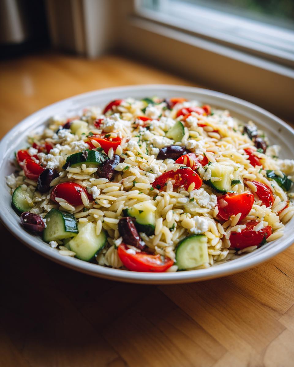 Close-up of a vibrant orzo pasta salad recipe featuring cherry tomatoes, cucumbers, olives, and feta cheese.