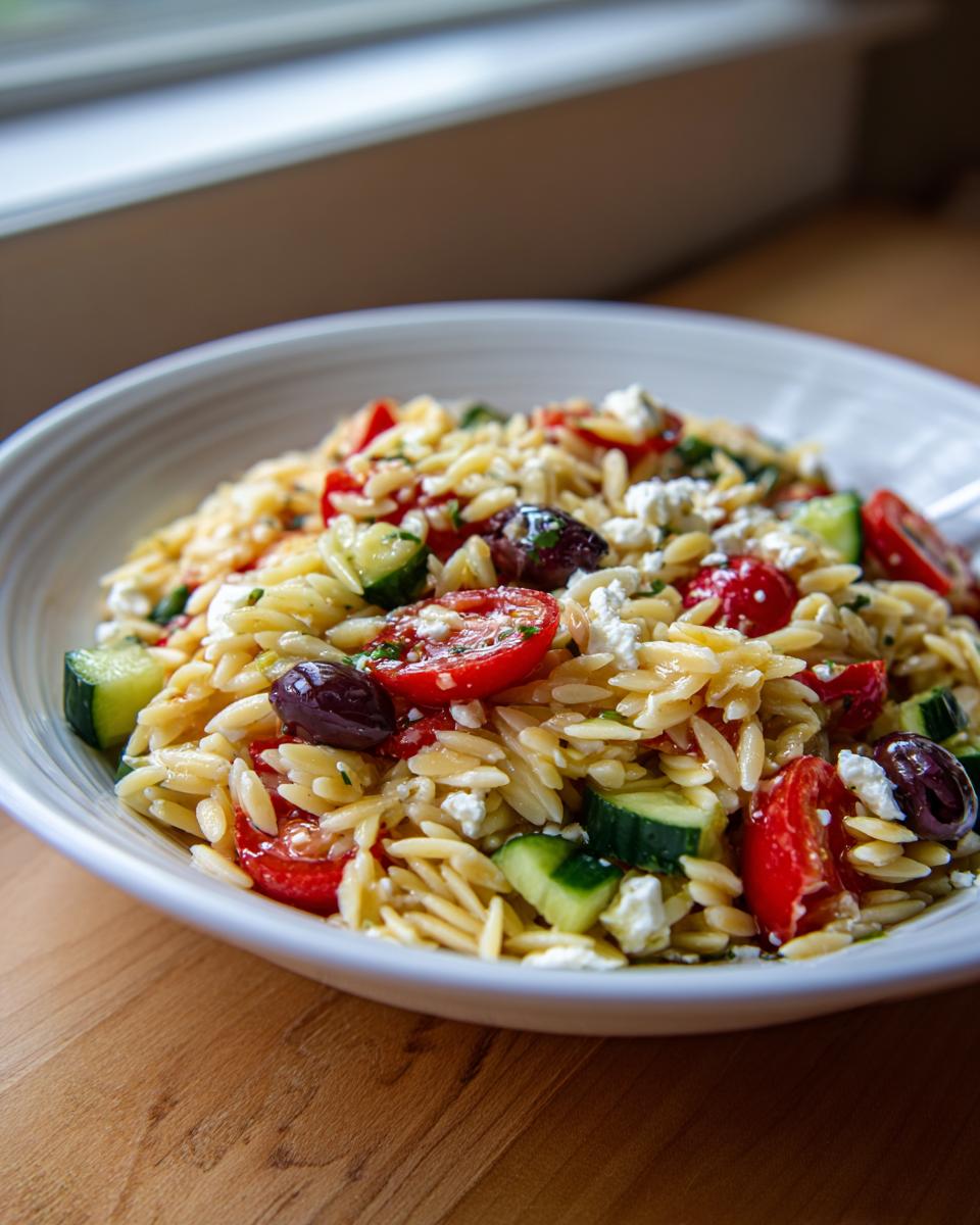 A close-up of a vibrant orzo pasta salad recipe bowl featuring cucumbers, tomatoes, olives, and feta cheese.