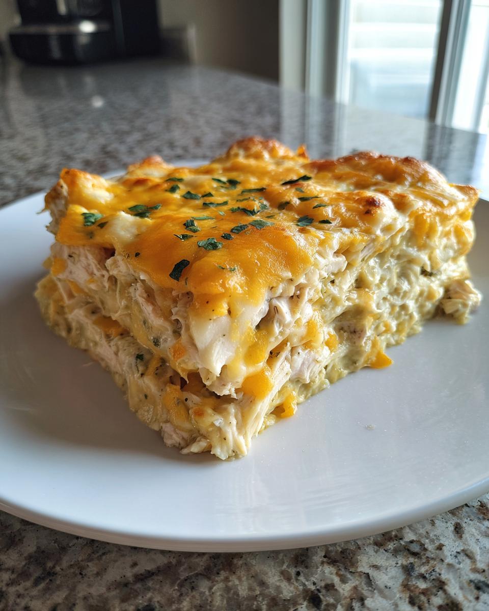 A thick slice of green chile chicken enchilada casserole topped with melted cheddar cheese and parsley.