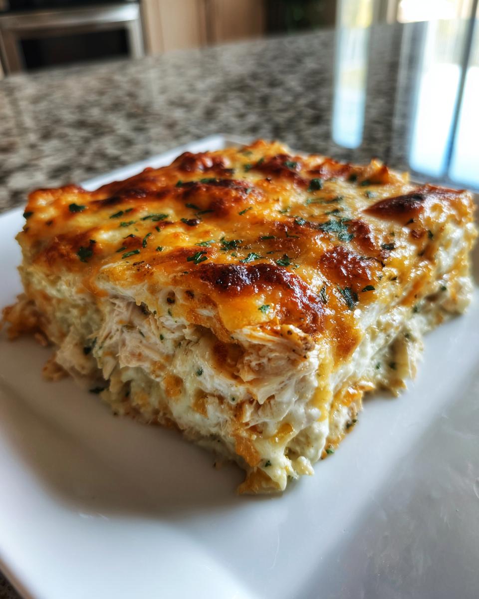 A thick, cheesy slice of green chile chicken enchilada casserole with a golden-brown top.