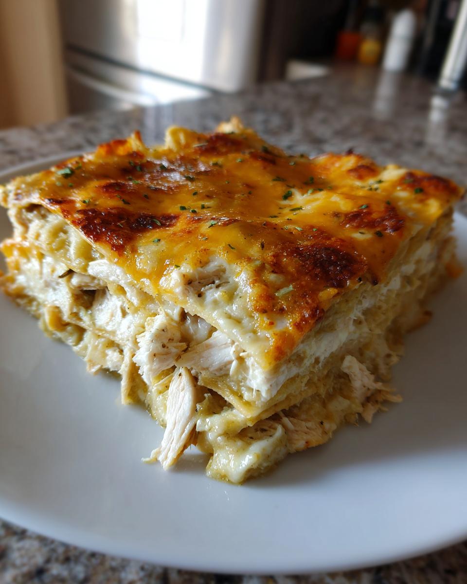 A square serving of green chile chicken enchilada casserole with layers of chicken and melted, browned cheese.