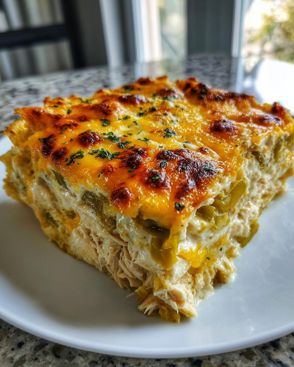 A hearty slice of green chile chicken enchilada casserole with shredded chicken and melted, browned cheese topping.