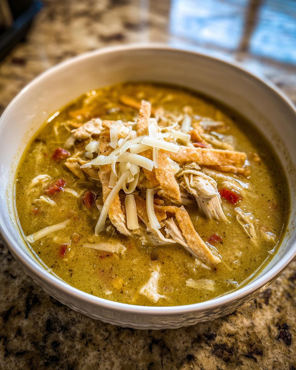 A close-up of green chile chicken enchilada soup topped with shredded chicken, tortilla strips, and cheese.