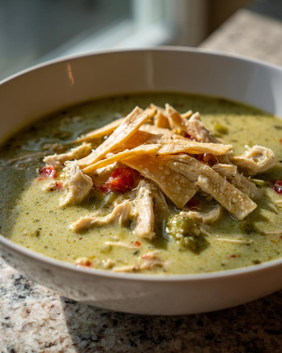 Close-up of a bowl of creamy green chile chicken enchilada soup topped with shredded chicken and crispy tortilla strips.