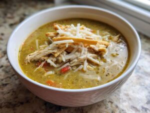 A close-up of a white bowl filled with green chile chicken enchilada soup, topped with shredded chicken, cheese, and tortilla strips.