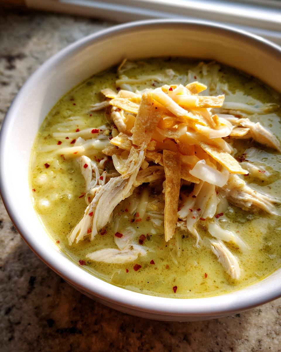 Close-up of a bowl of creamy green chile chicken enchilada soup topped with shredded chicken, cheese, and tortilla strips.