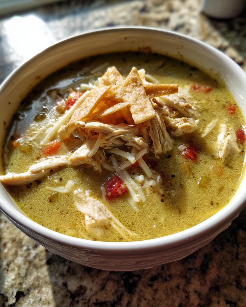 A close-up of a hearty bowl of green chile chicken enchilada soup topped with shredded chicken, cheese, and tortilla strips.
