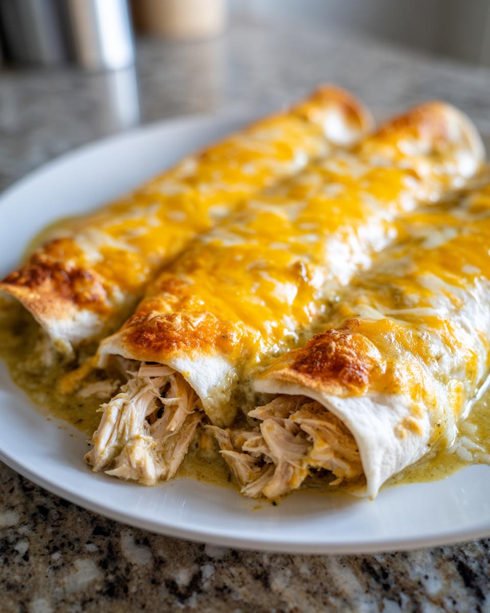 Three rolled green chile chicken enchiladas smothered in melted cheddar cheese on a white plate.
