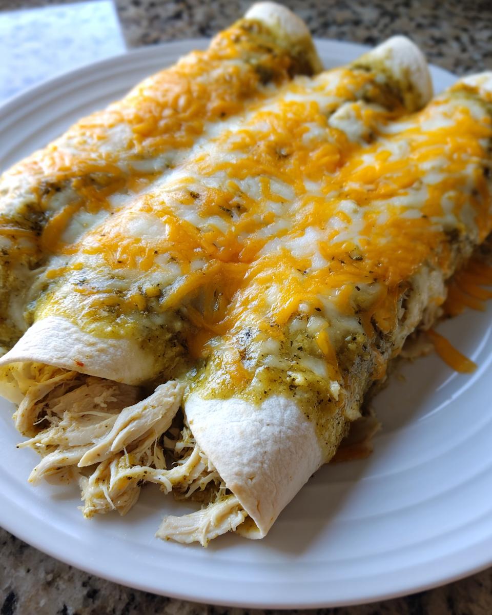Three rolled tortillas filled with shredded chicken, smothered in green chile sauce and melted cheddar and Monterey Jack cheese, served on a white plate.