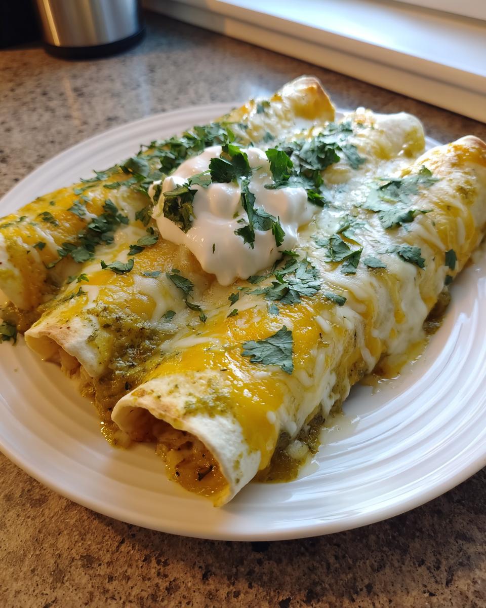 Three rolled green chile chicken enchiladas corn tortillas topped with melted cheese, sour cream, and cilantro.