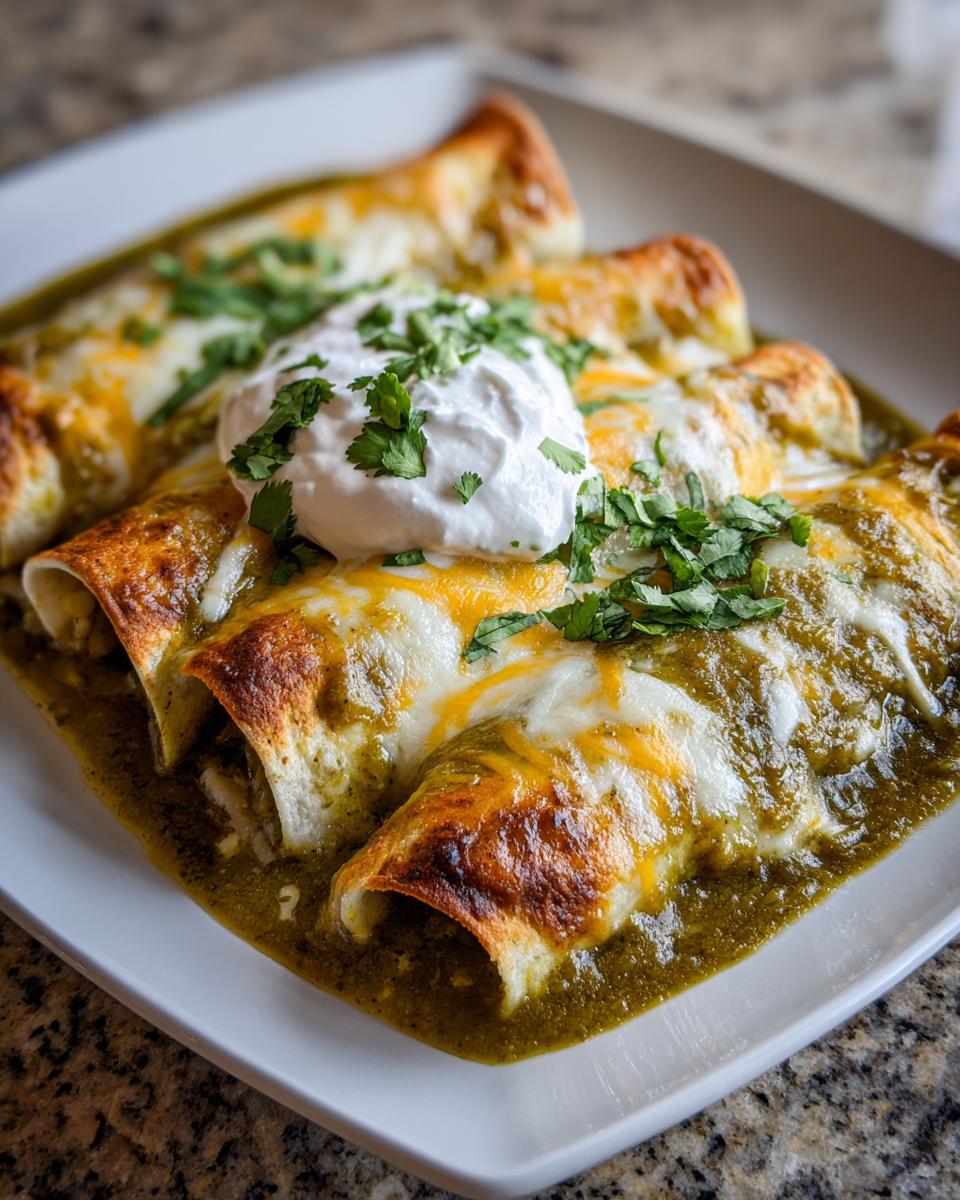 Close-up of three green chile chicken enchiladas corn tortillas topped with melted cheese, sour cream, and cilantro.