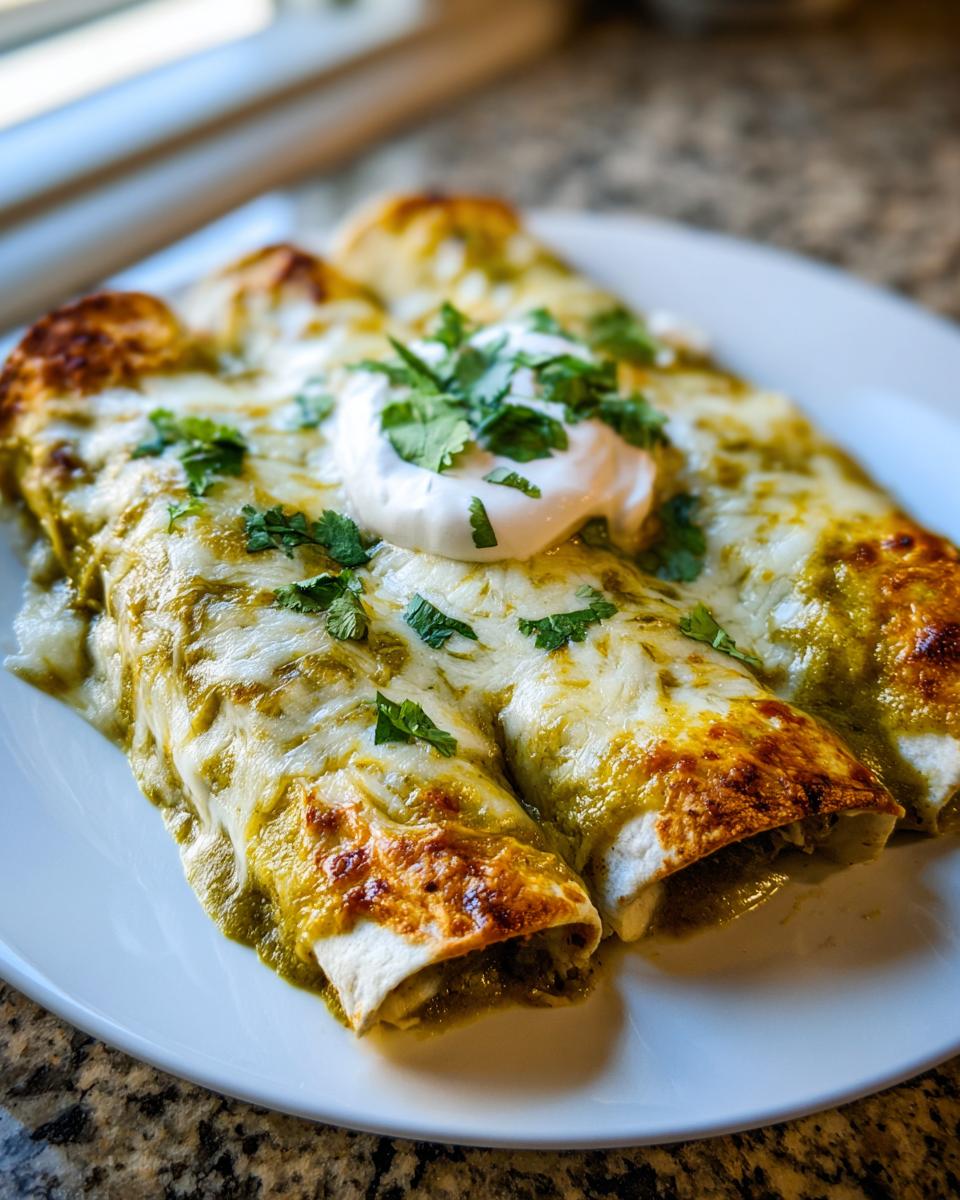 Three baked green chile chicken enchiladas corn tortillas topped with melted white cheese, sour cream, and cilantro.