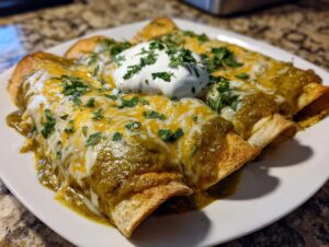 Three delicious green chile chicken enchiladas corn tortillas covered in melted cheese and sour cream.