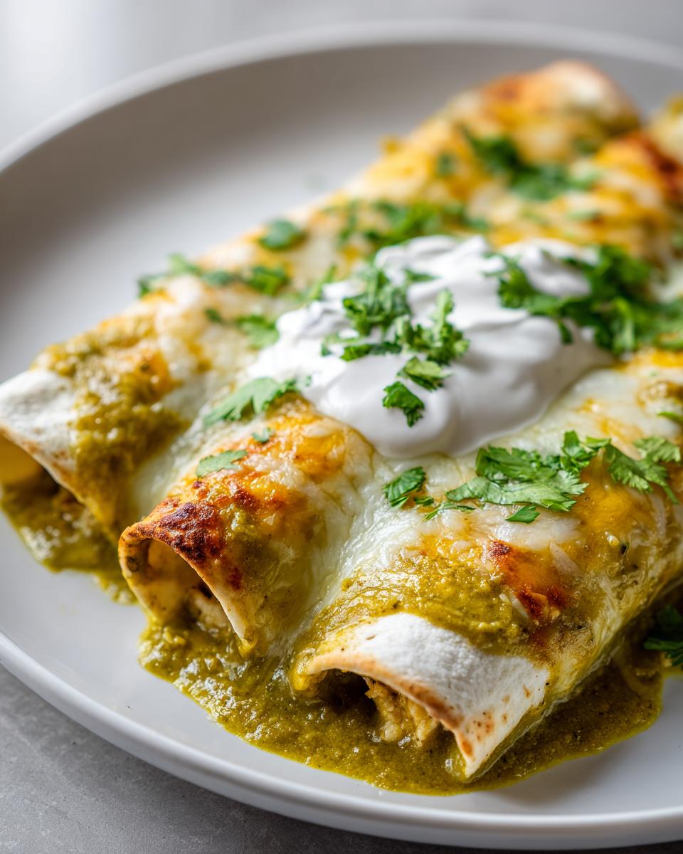 Three delicious green chile chicken enchiladas corn tortillas covered in green sauce, melted cheese, and sour cream.