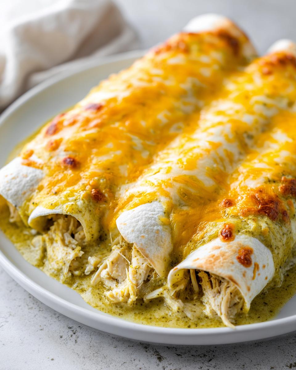 Close-up of three green chile chicken enchiladas covered in melted yellow and white cheese on a white plate.