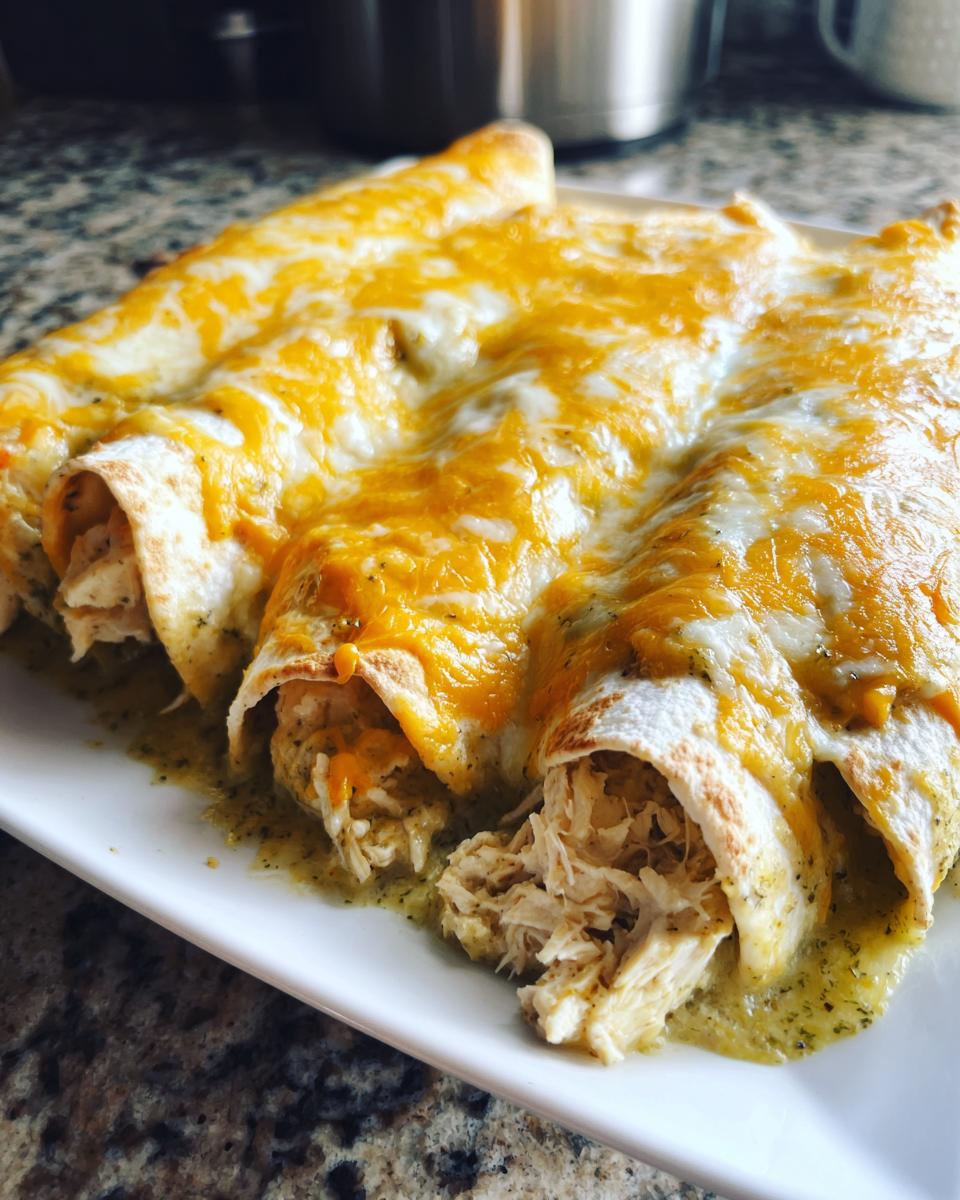 Close-up of three rolled green chile chicken enchiladas covered in melted cheddar and Monterey Jack cheese.
