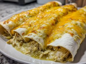 Close-up of three green chile chicken enchiladas covered in melted yellow and white cheese sauce.