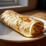 A golden-brown, grilled black bean and rice burrito resting on a white plate.