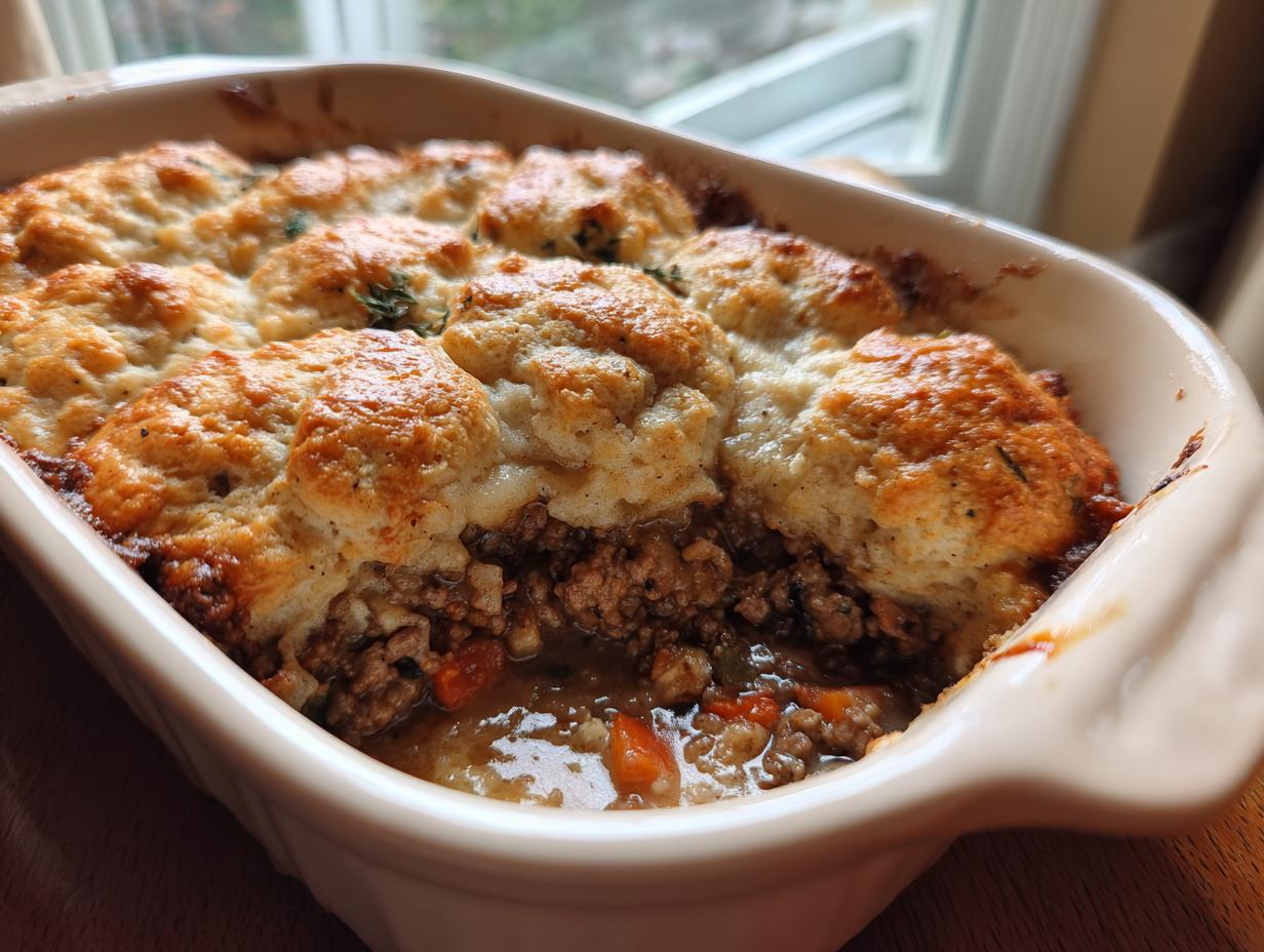 A close-up of a baked ground beef and dumpling casserole in a white baking dish, showing browned dumplings over savory filling.