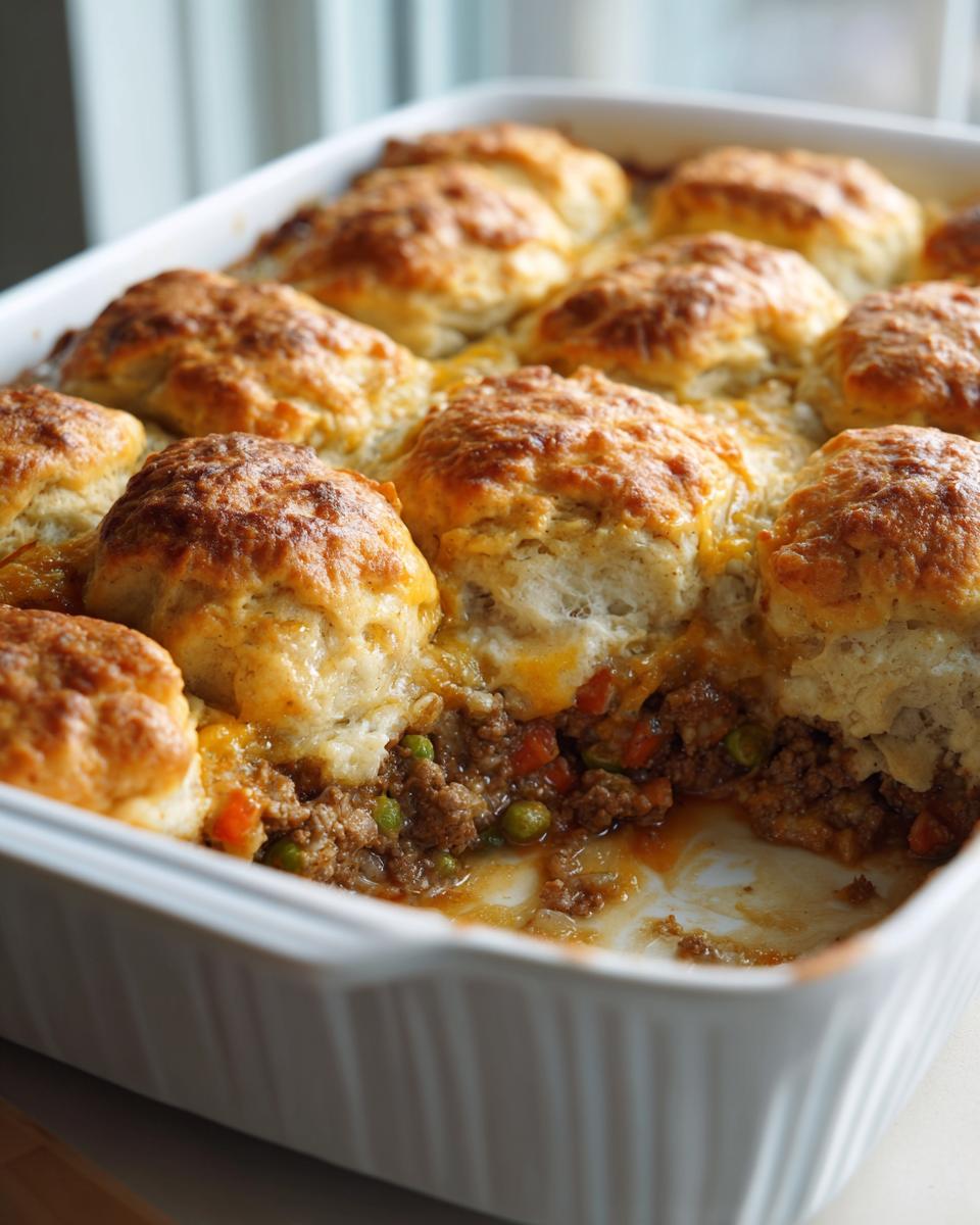 Close-up of a baked ground beef and dumpling casserole in a white baking dish, showing golden biscuit tops.
