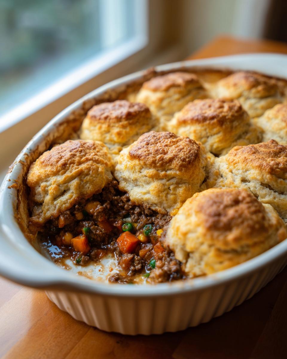 Close-up of a baked ground beef and dumpling casserole with golden biscuit topping in a white dish.