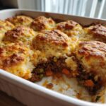 A scoop has been taken out of a baked ground beef and dumpling casserole, showing the savory meat and vegetable filling below the golden, biscuit-like topping.