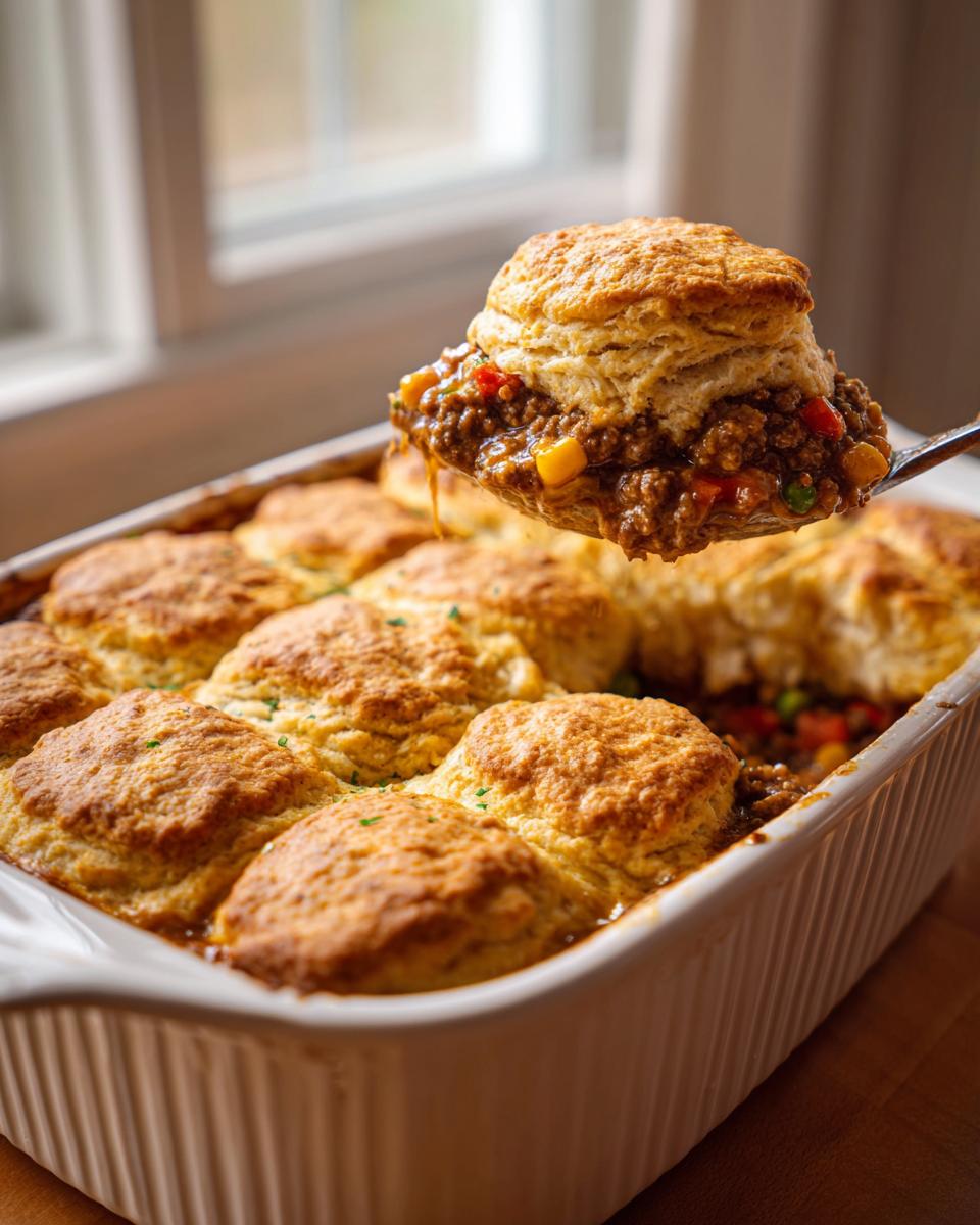 A spoonful of rich ground beef and dumpling casserole mixture topped with a golden biscuit being lifted from the baking dish.