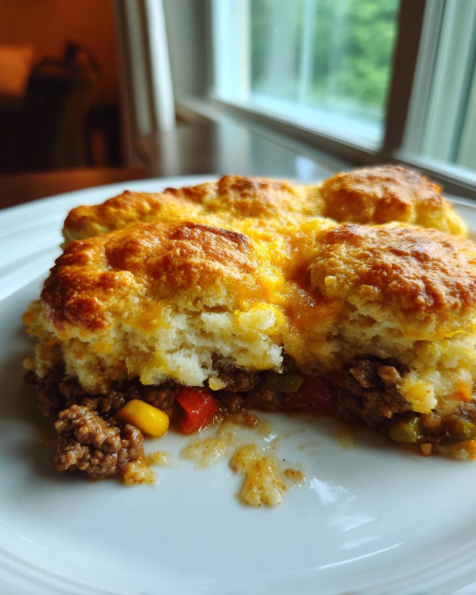 A close-up serving of ground beef and dumpling casserole showing a thick, cheesy biscuit topping over seasoned ground beef and vegetables.