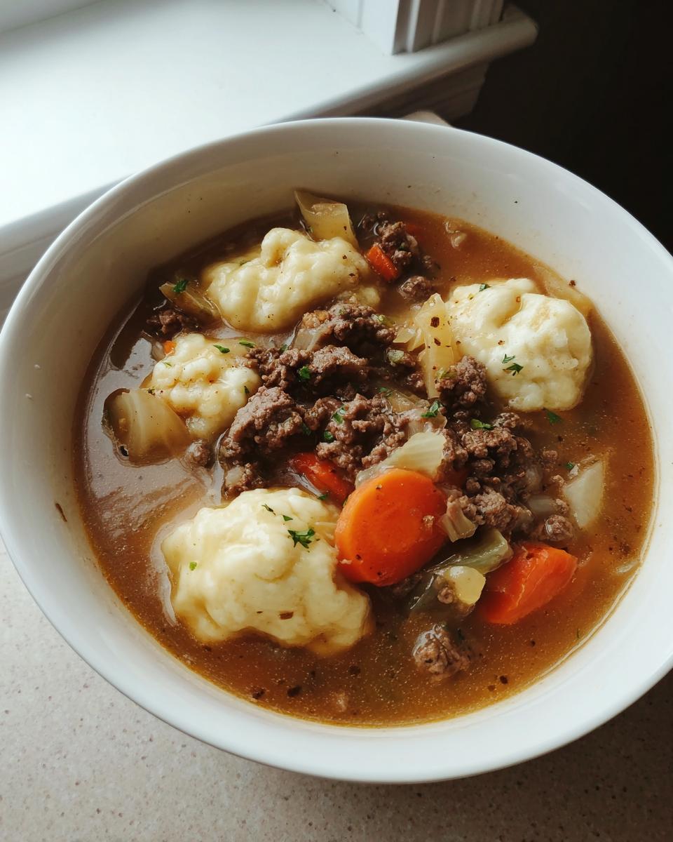 A close-up of a bowl of rich ground beef and dumpling soup, featuring fluffy dumplings, ground beef, and sliced carrots.