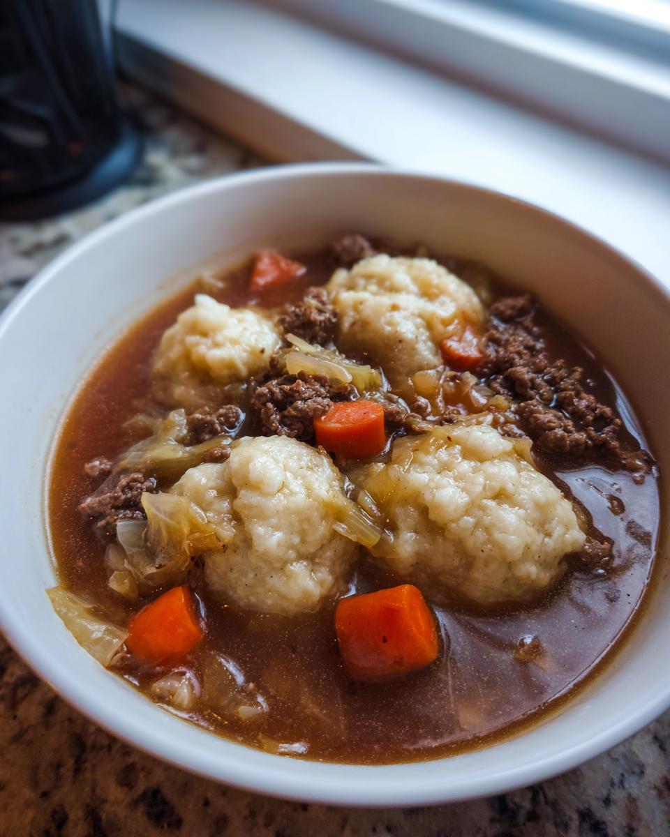 Close-up of a white bowl filled with rich ground beef and dumpling soup, featuring fluffy dumplings, ground beef, and diced carrots.