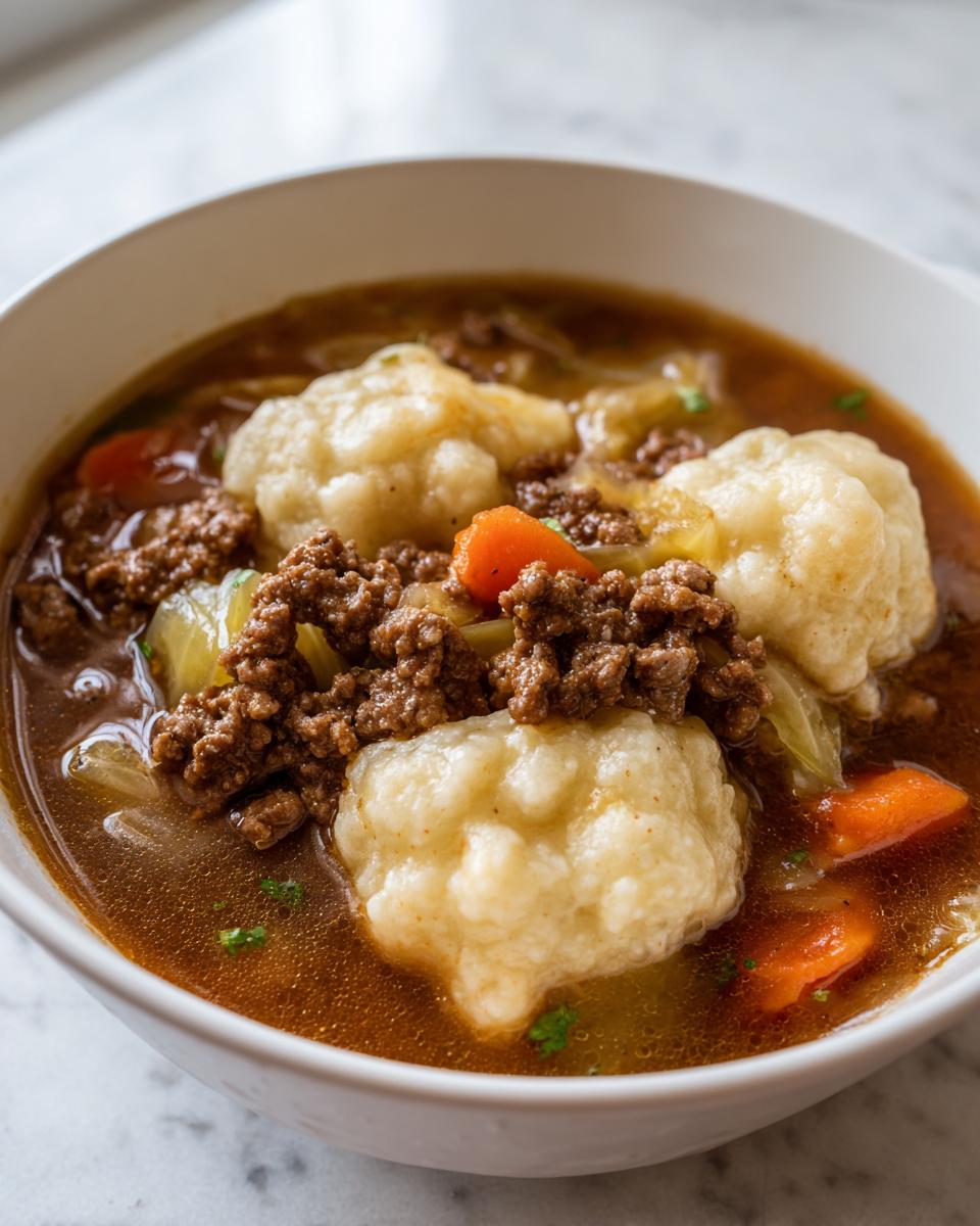 Close-up of a bowl of rich ground beef and dumpling soup, featuring fluffy dumplings, browned meat, and carrots.